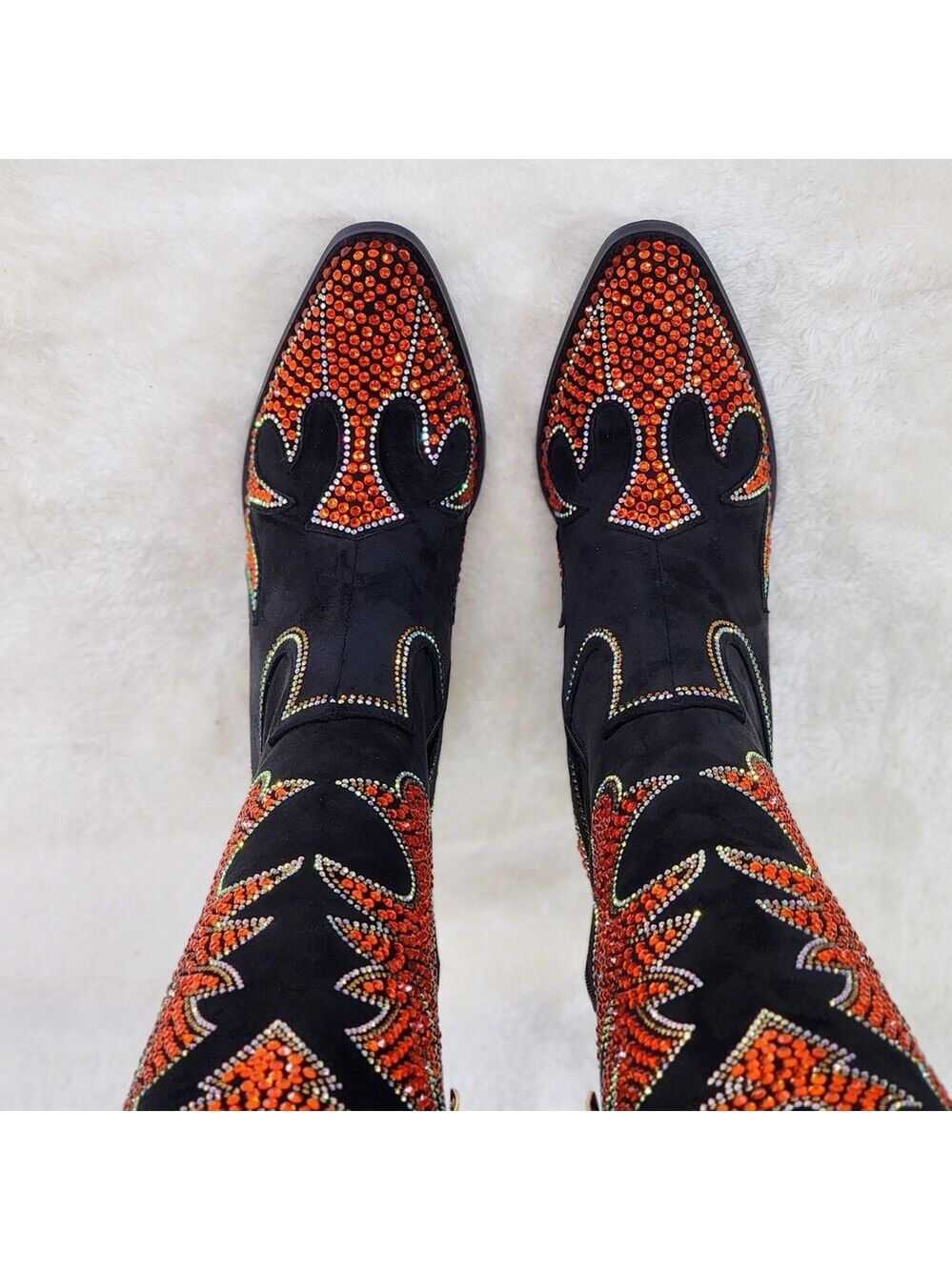 NIB Harley Girl Country Western Cowgirl Knee Boots Rhinestones Black Orange - Picture 7 of 16